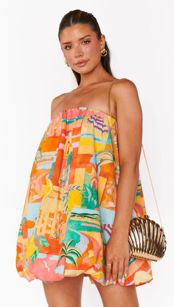 Colorful, strapless, mini dress.