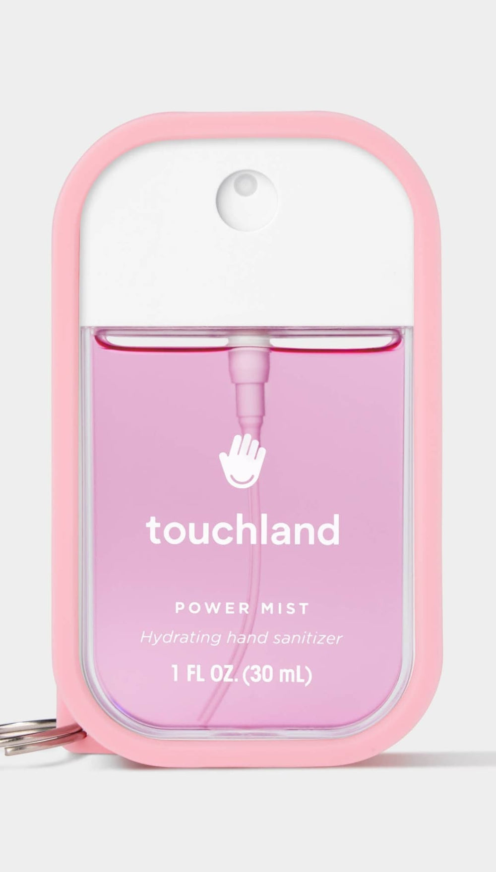 Pink and clear touchland power mist hand sanitizer with keychain.