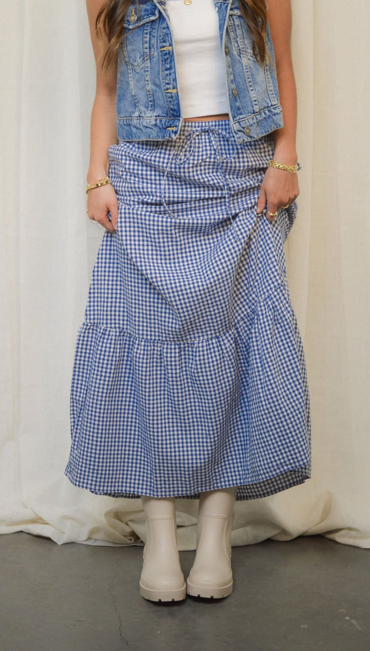 Blue and white gingham maxi skirt.