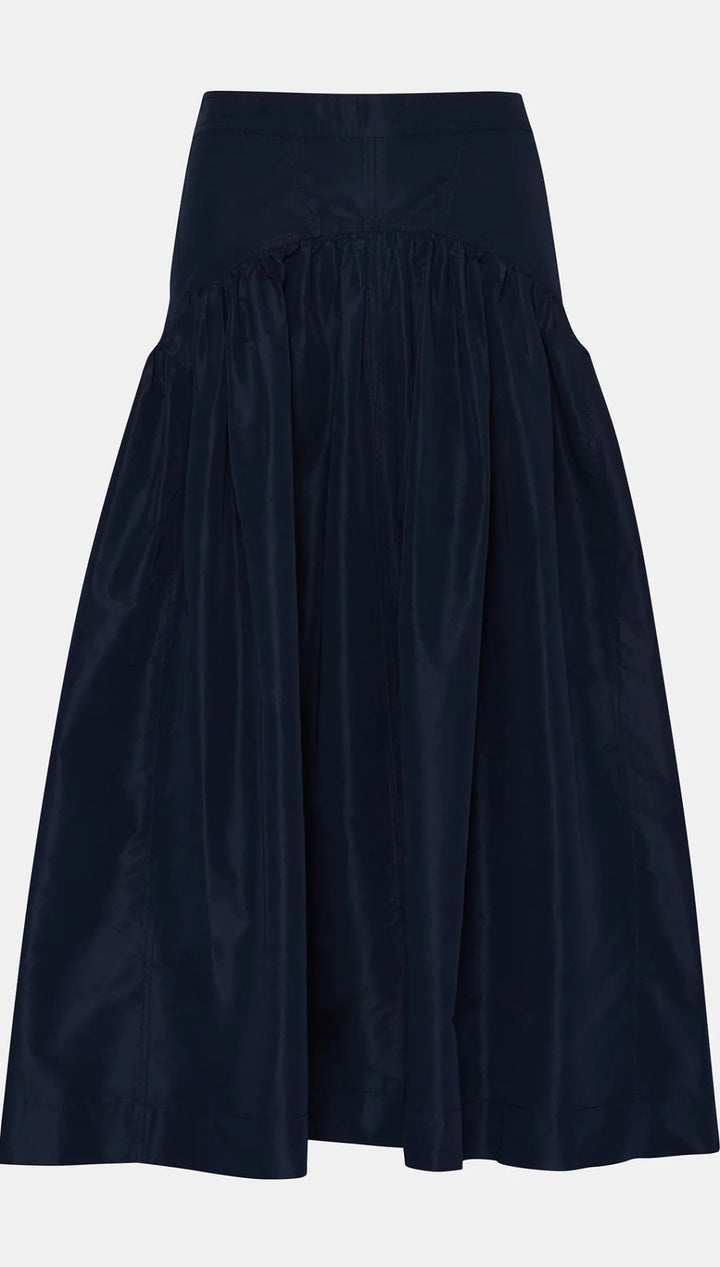 A-line midi skirt in dark blue with a wide, fitted waistband and gathered fabric.