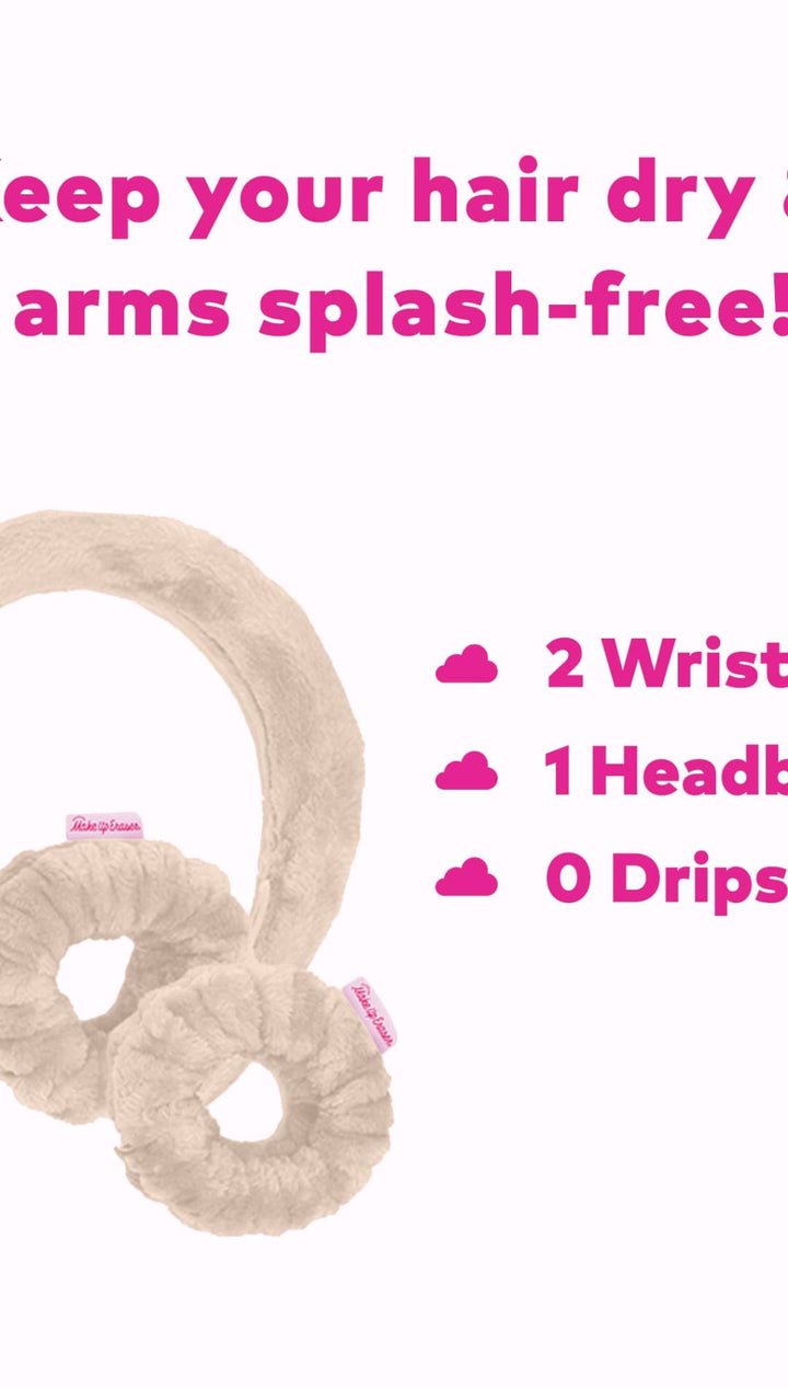 Beige wristbands with a headband and no drips, designed for splash-free hair drying.
