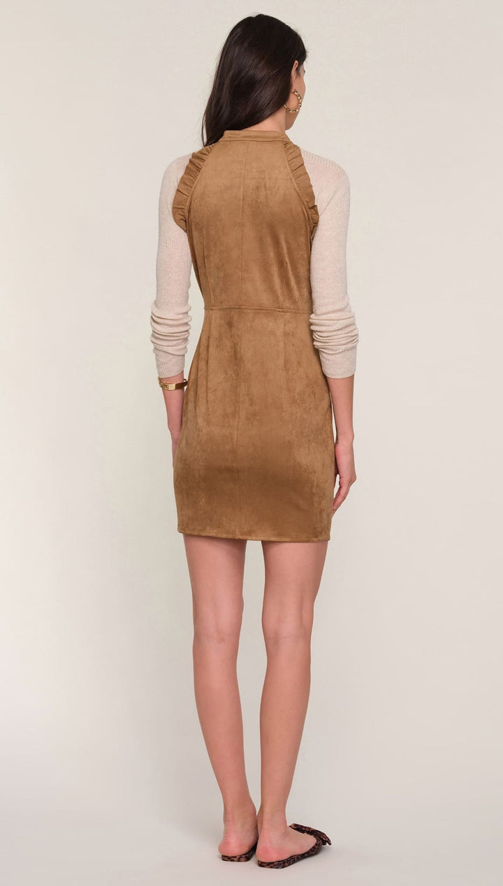 Brown suede dress with long sleeves and button-down front.