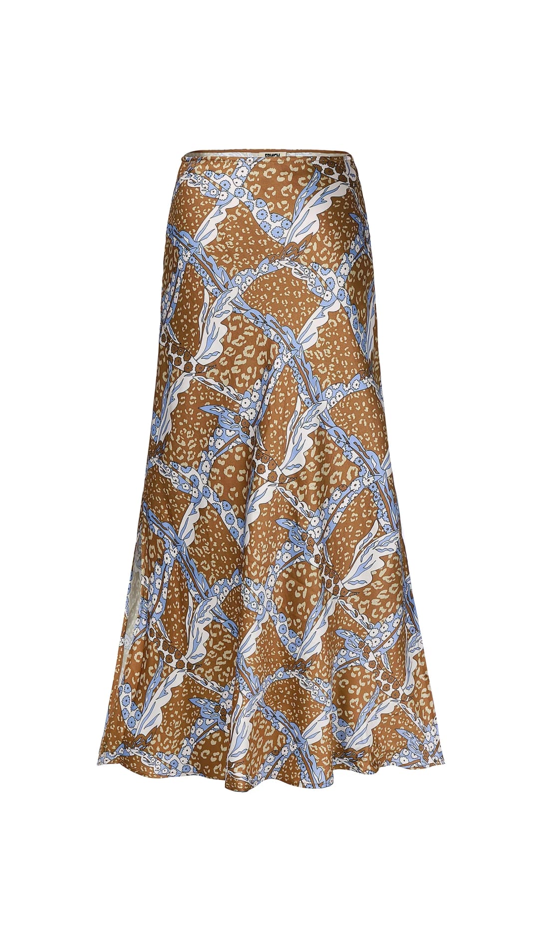 A long, flowing brown skirt with a blue and white patterned design.