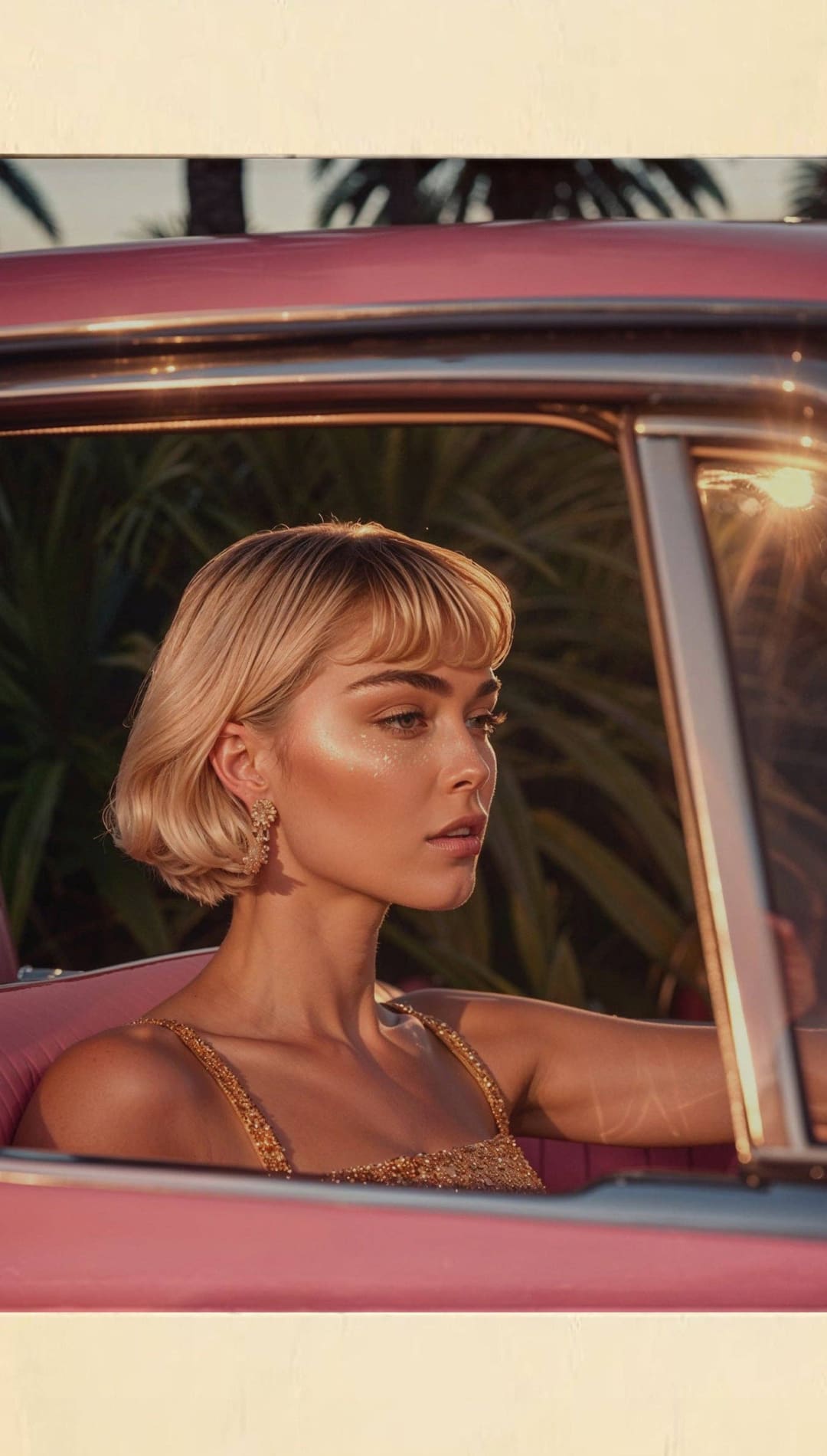 Blonde woman in pink convertible.