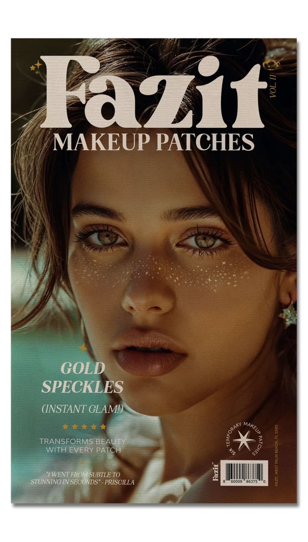 Magazine cover featuring a woman with gold speckles makeup.