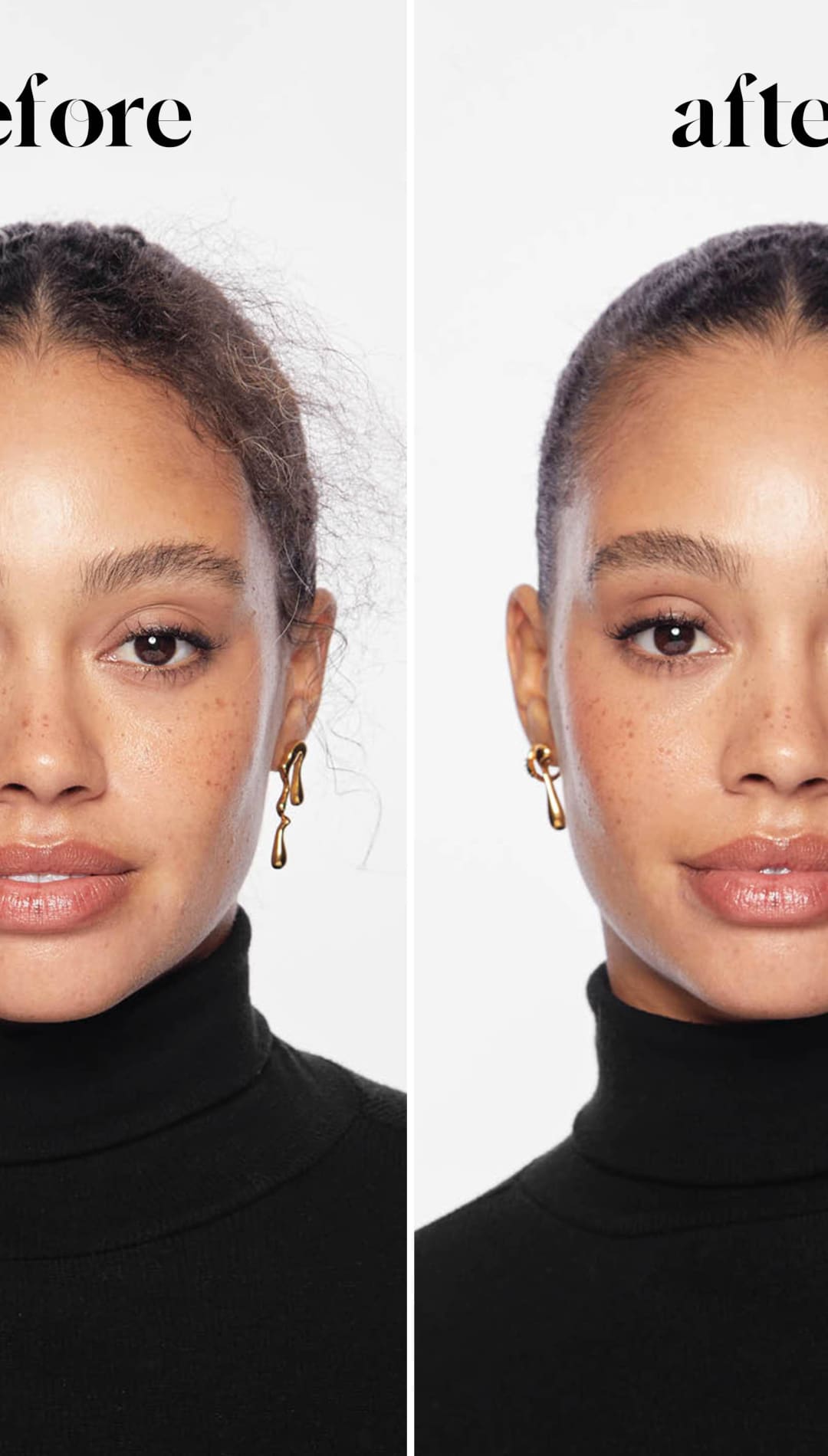 Black turtleneck sweater with gold hoop earrings and dark hair tied back.