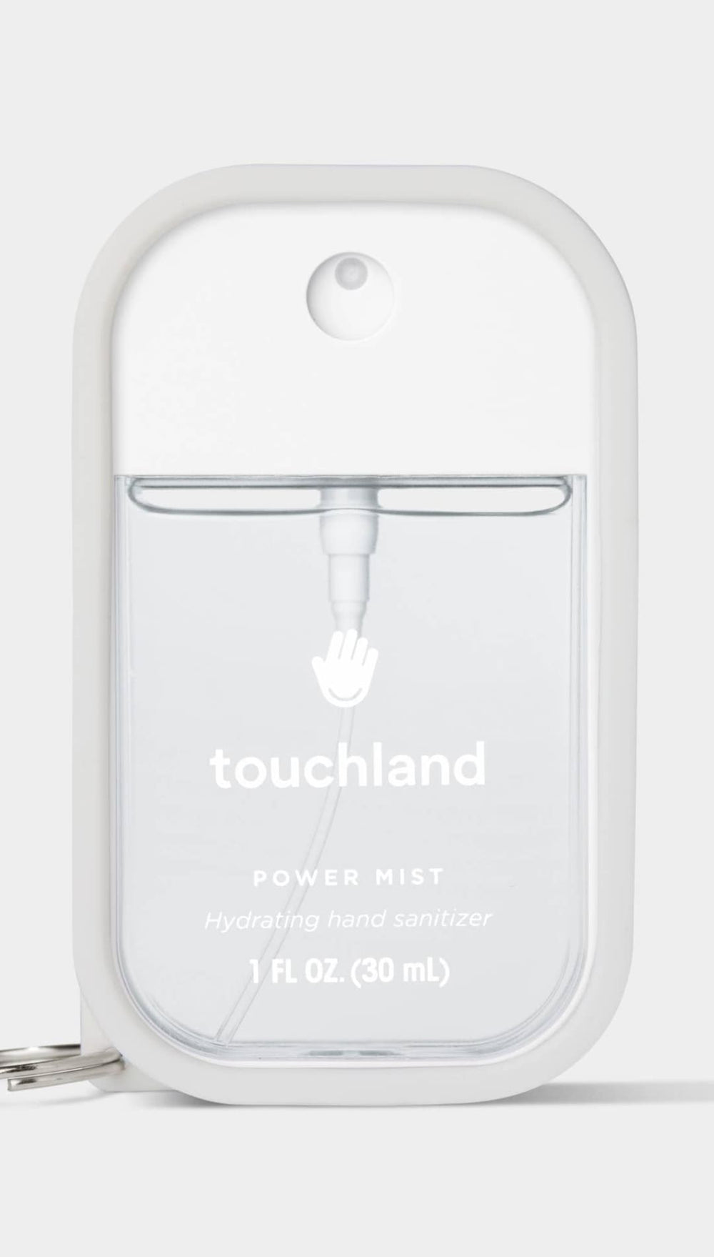 White touchland power mist hand sanitizer dispenser with clear plastic reservoir and keychain loop.