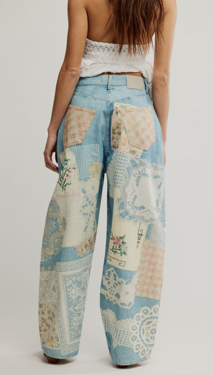 Patchwork wide-leg jeans.
