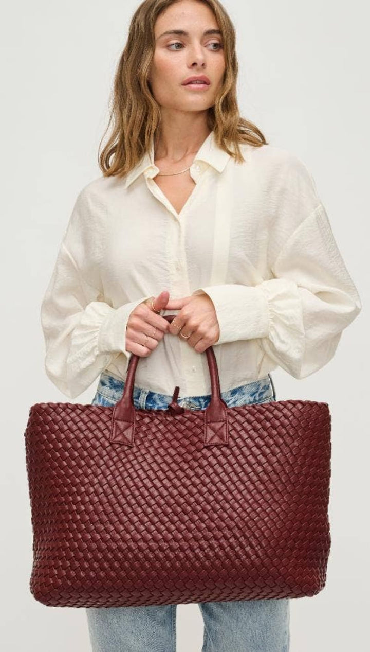 Ithaca Woven Vegan Leather Tote - Burgundy - 270 Handbags