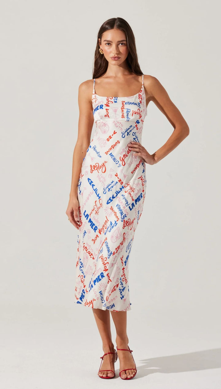 Sleeveless midi dress with lettering.