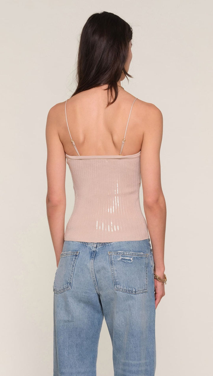 Nude sheer camisole with delicate lace detailing and thin spaghetti straps.