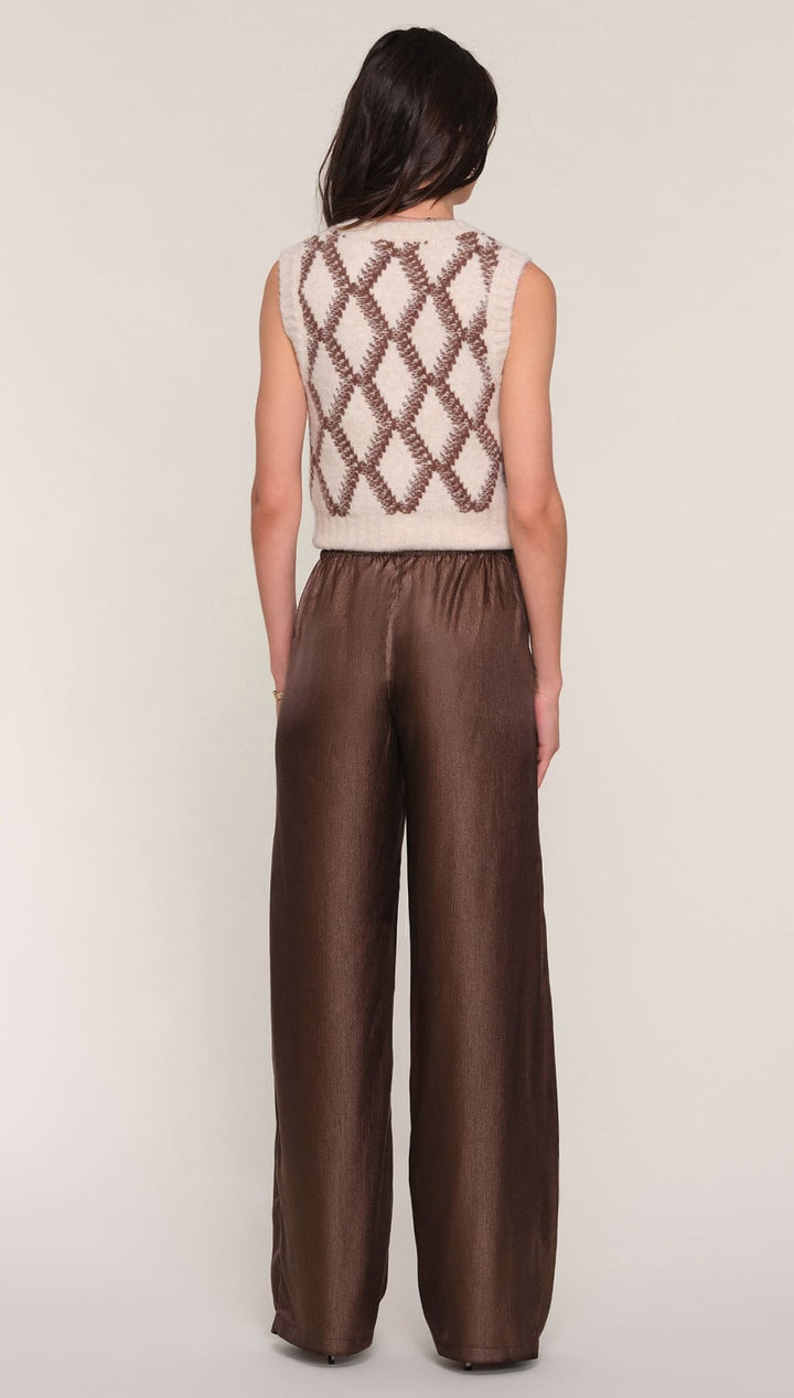 Brown silk pants with a geometric pattern on the back