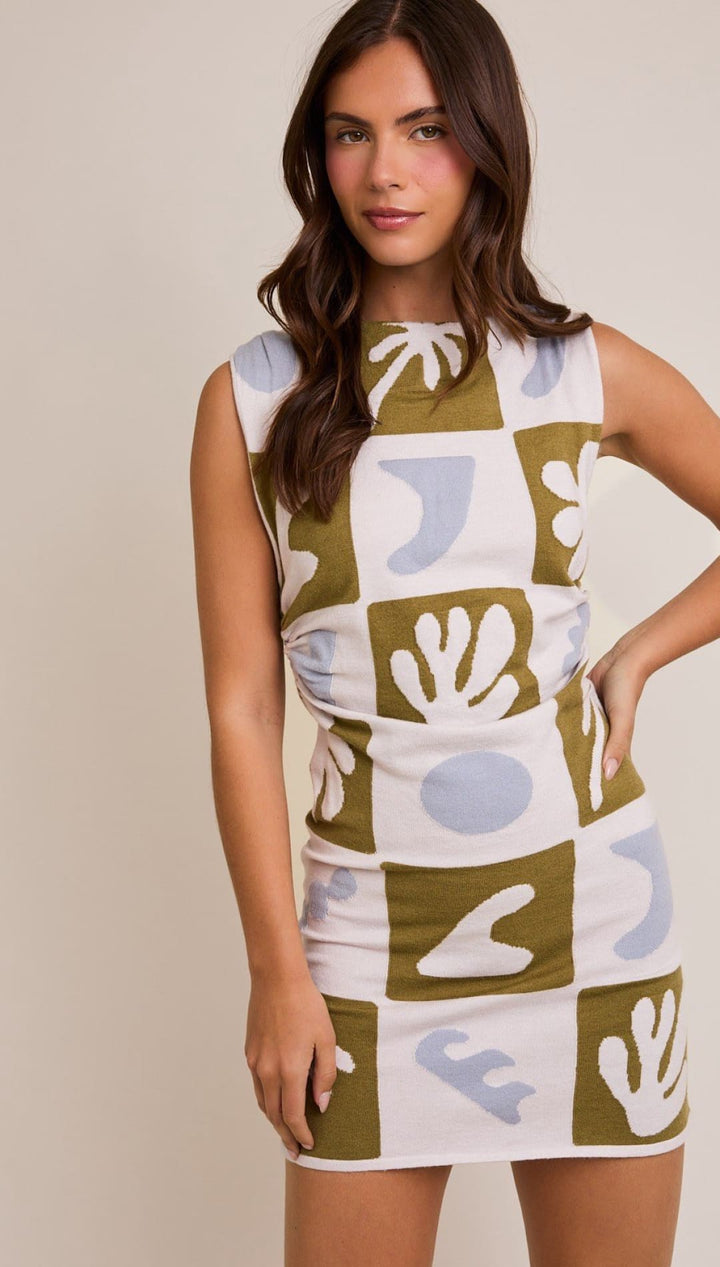 Patterned sleeveless mini dress.