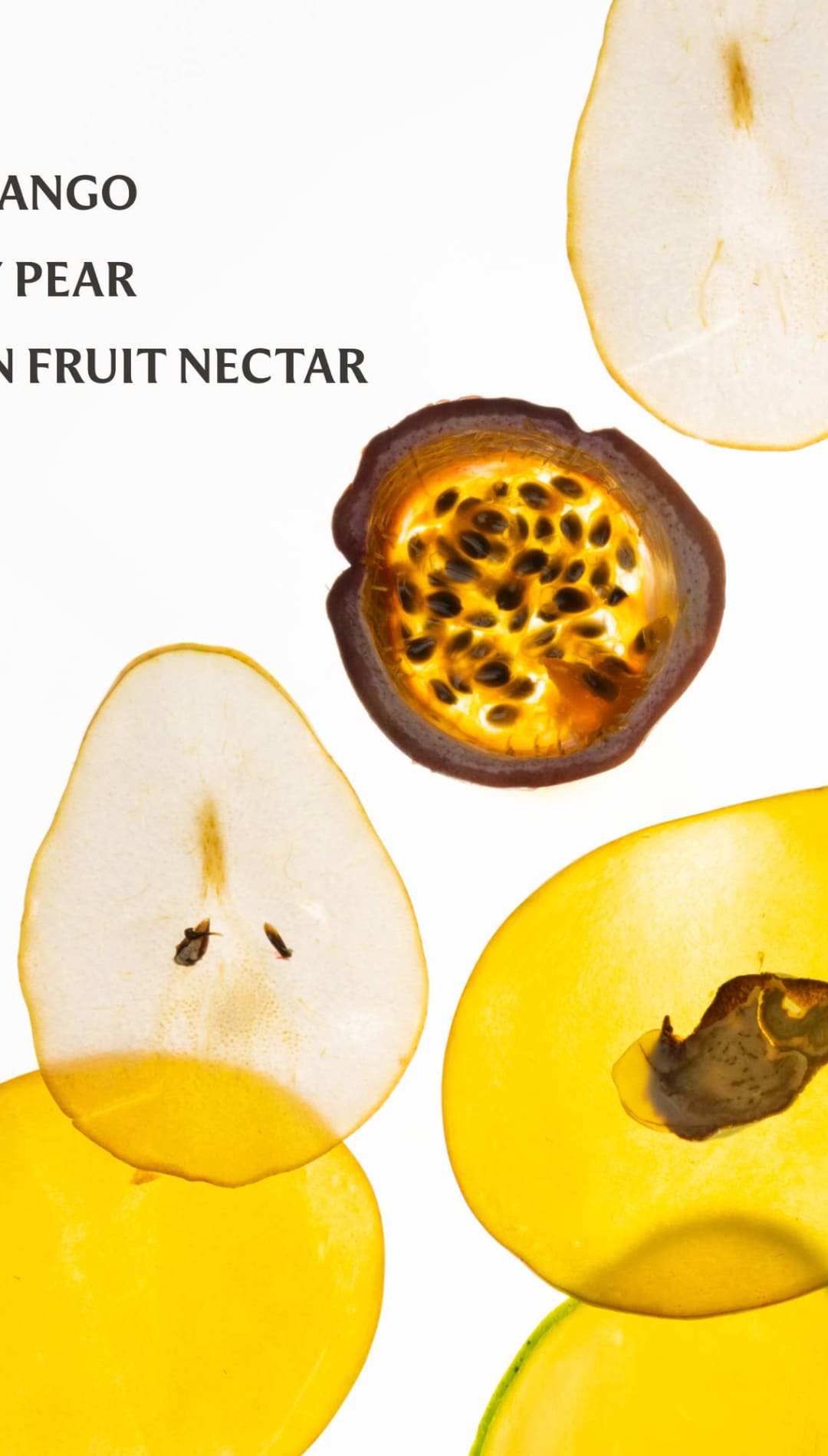 Yellow passion fruit nectar with black seeds and white rind, vibrant tropical flavor.