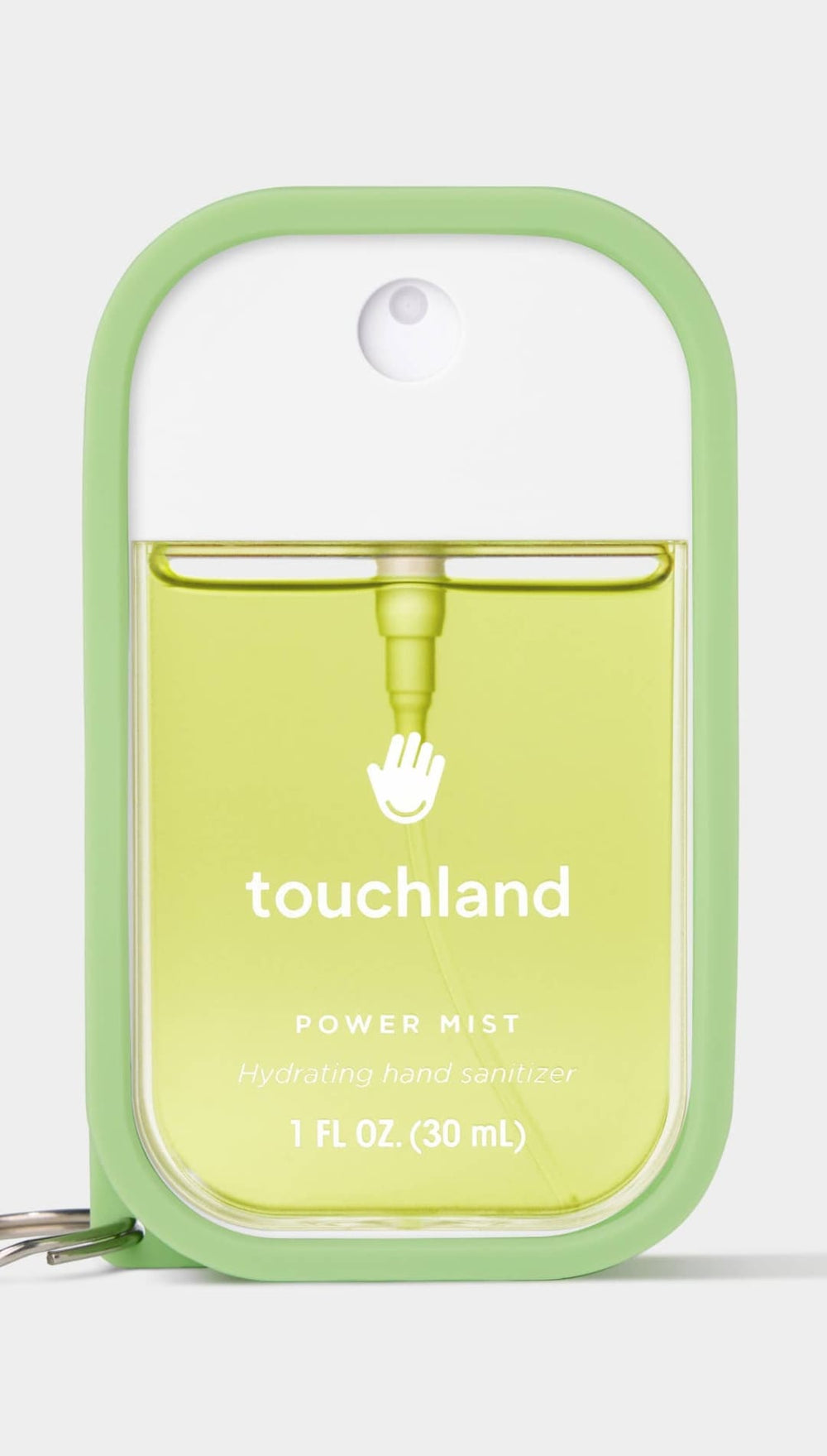 Touchland power mist keychain spray bottle with green accents and clear plastic body.