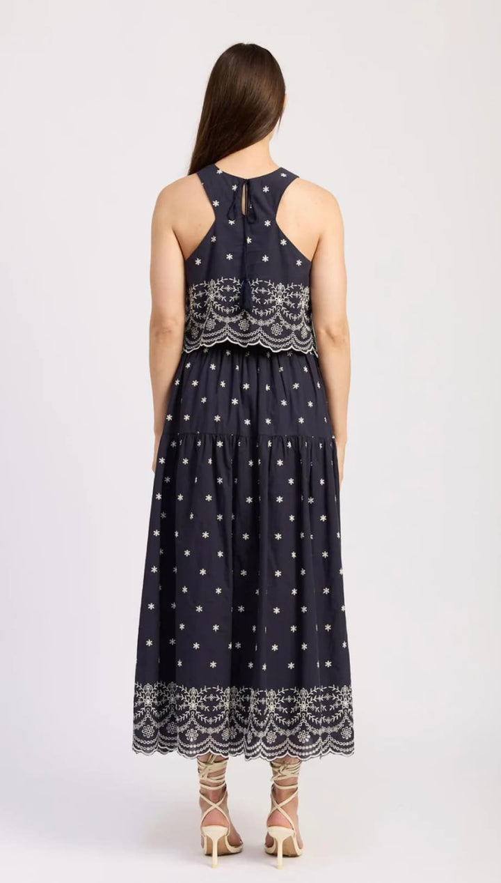 Navy blue embroidered maxi dress.