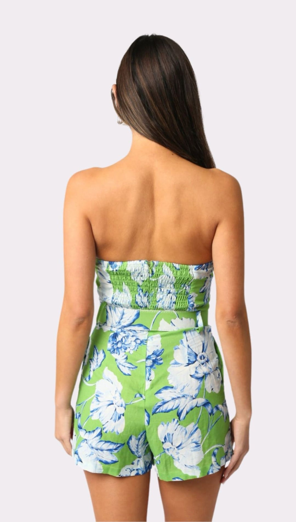 Floral print strapless romper.