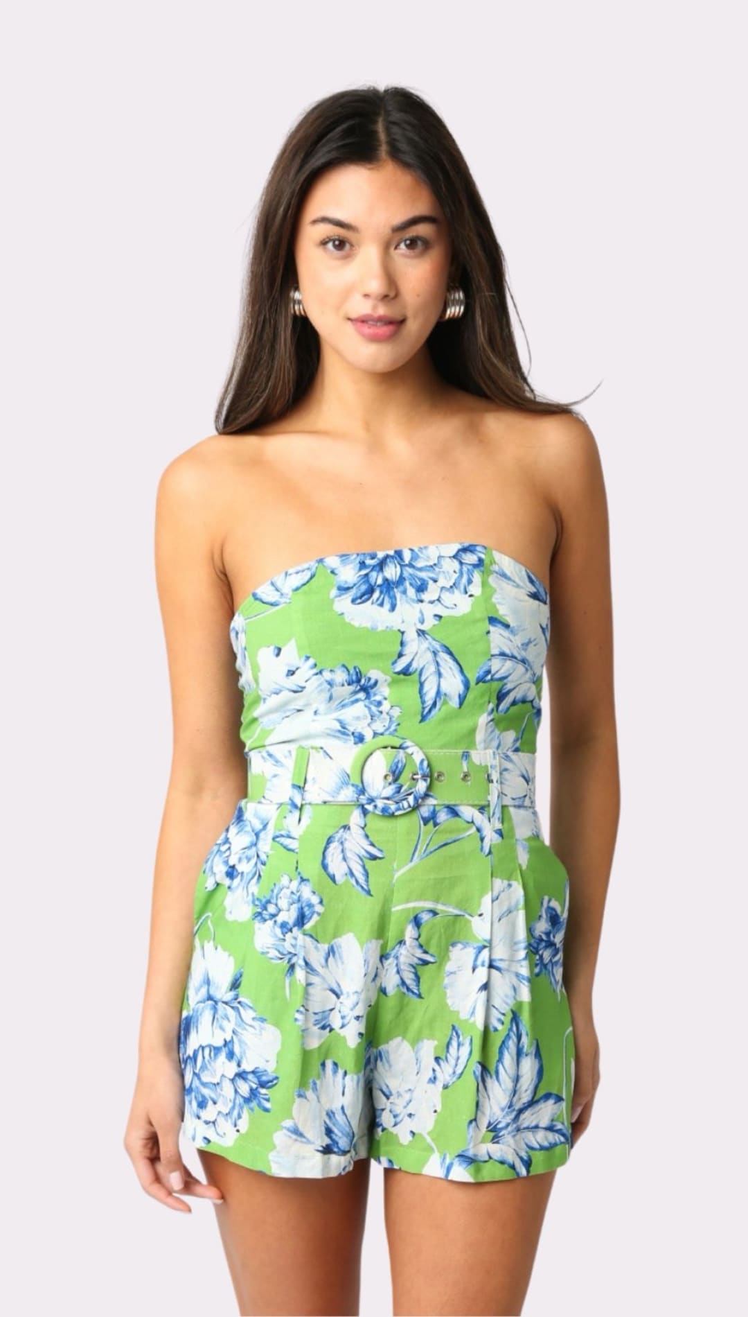 Green floral strapless romper.