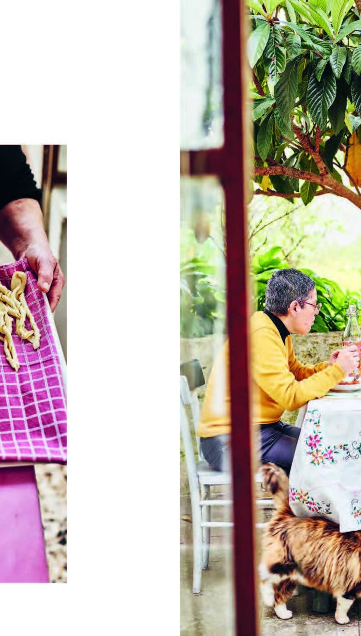 Pink and white checkered apron with fringed trim