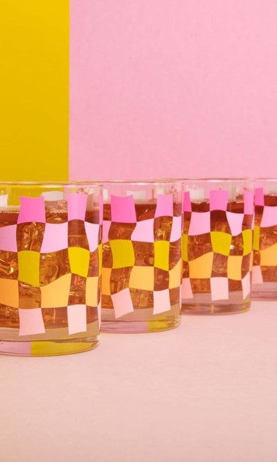 Pink Carnival Checkers Rocks Glass Set - 310 Home/Gift