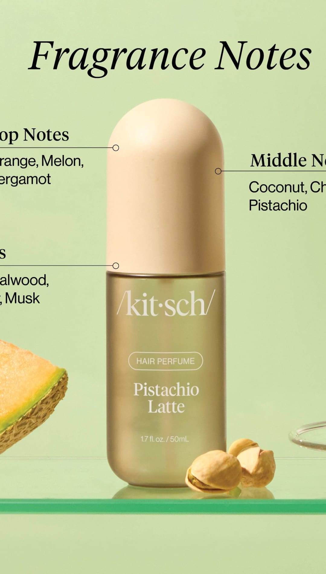 Pistachio latte hair perfume bottle with gold cap and black label.