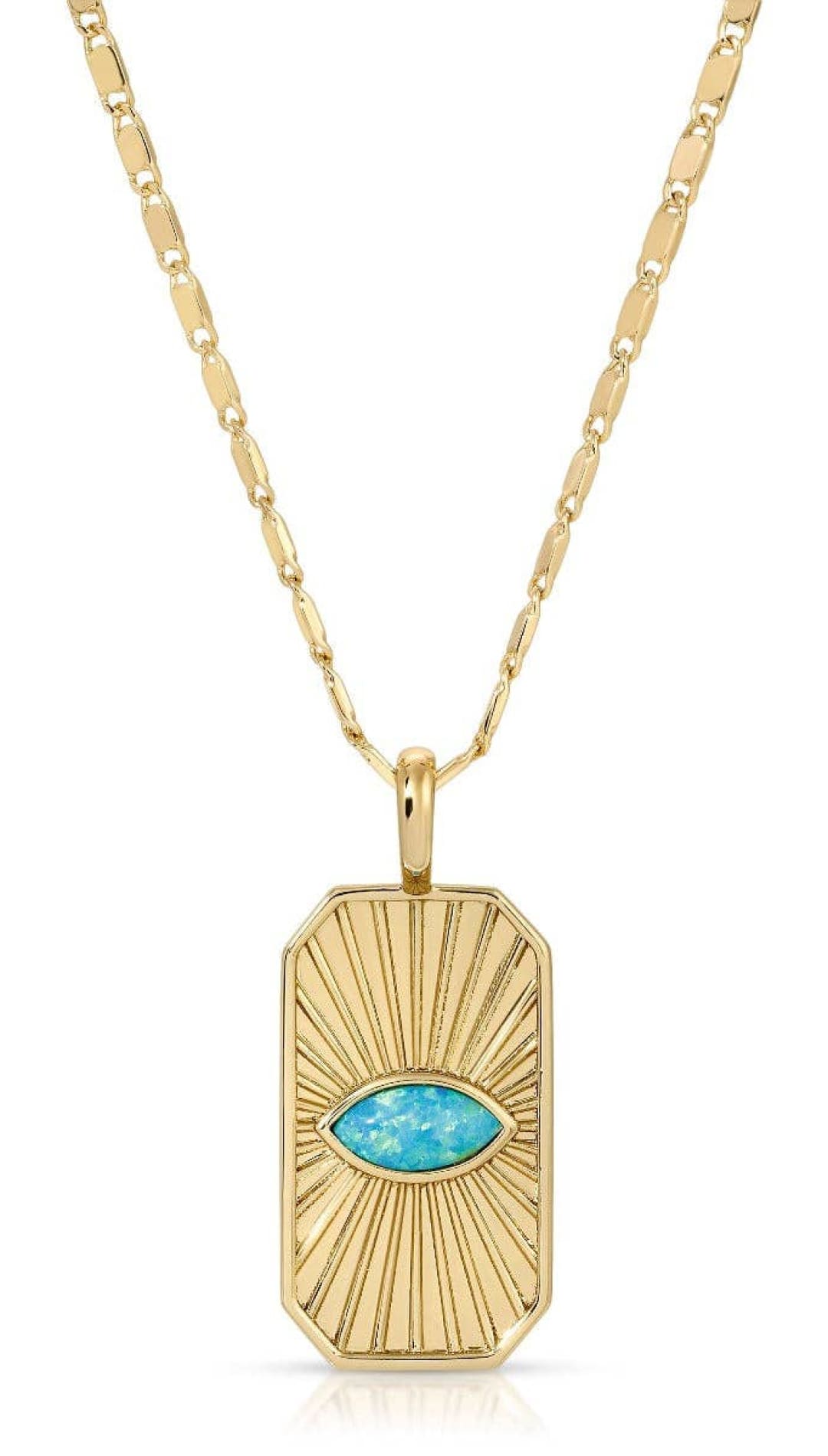 Gold necklace with turquoise eye pendant.
