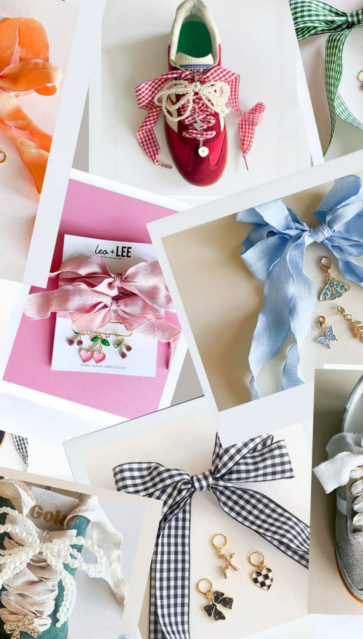 Collage of decorated sneakers and ribbons.