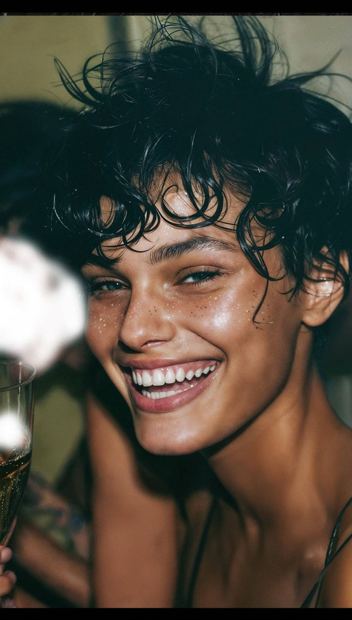 Smiling woman with curly hair and champagne.