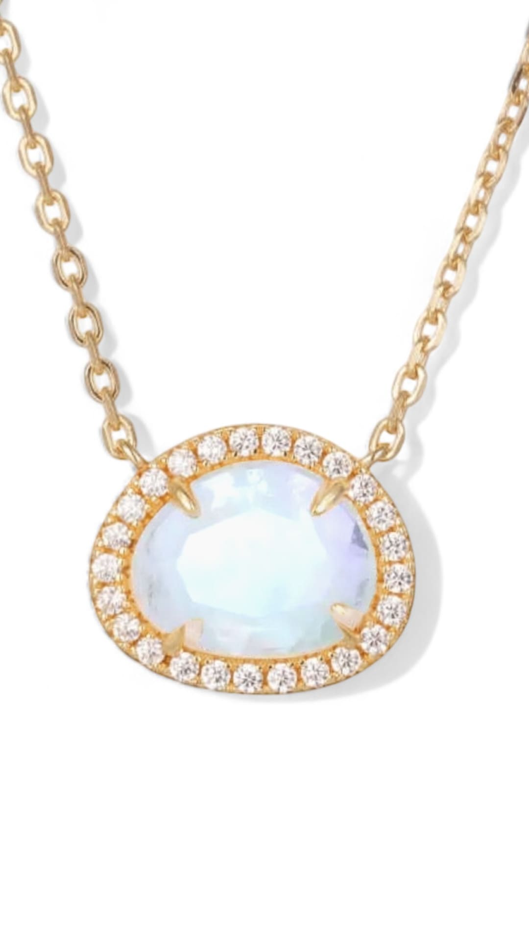 Gold necklace with iridescent gemstone and diamond halo.