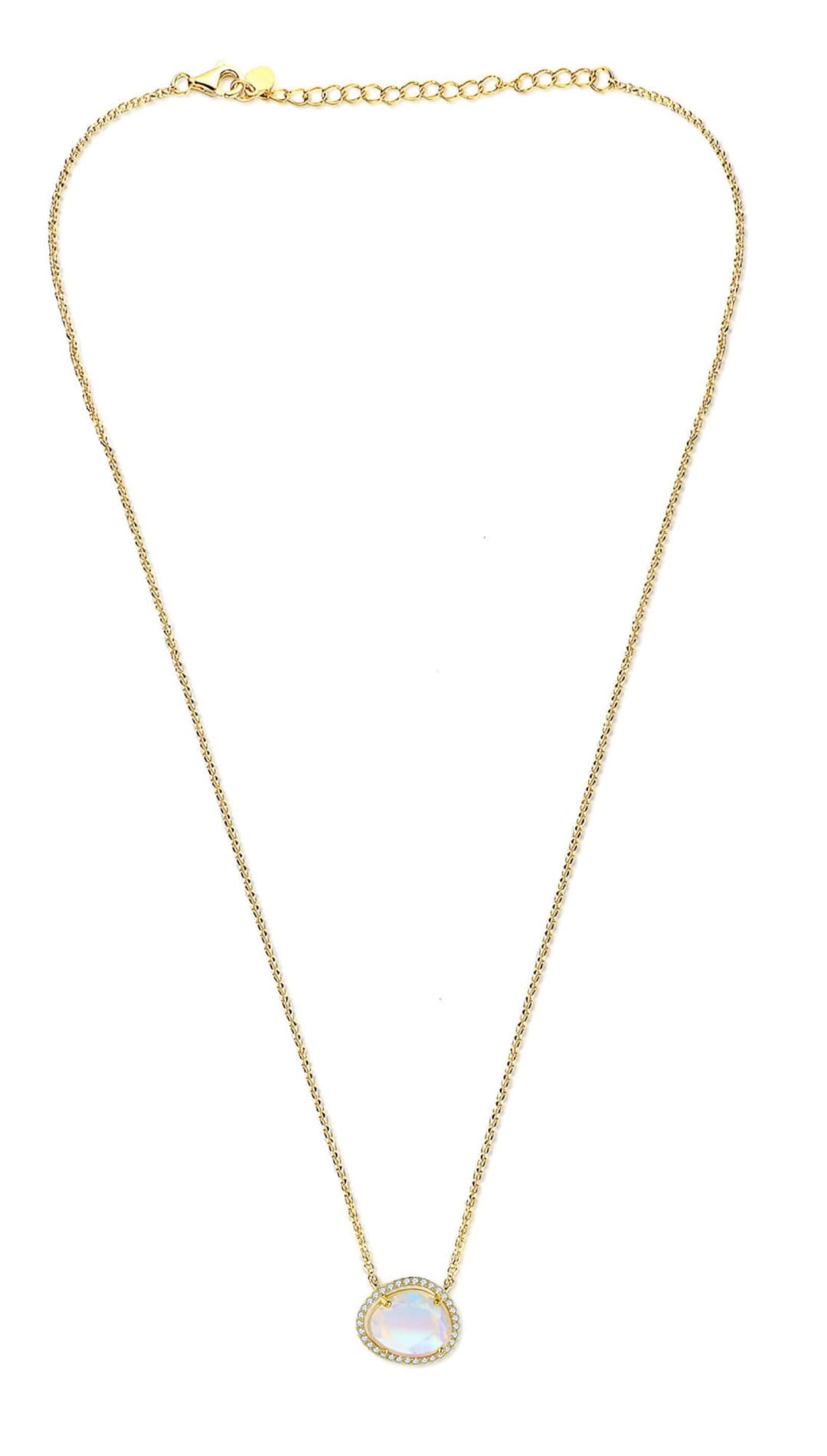 Gold necklace with iridescent pendant.