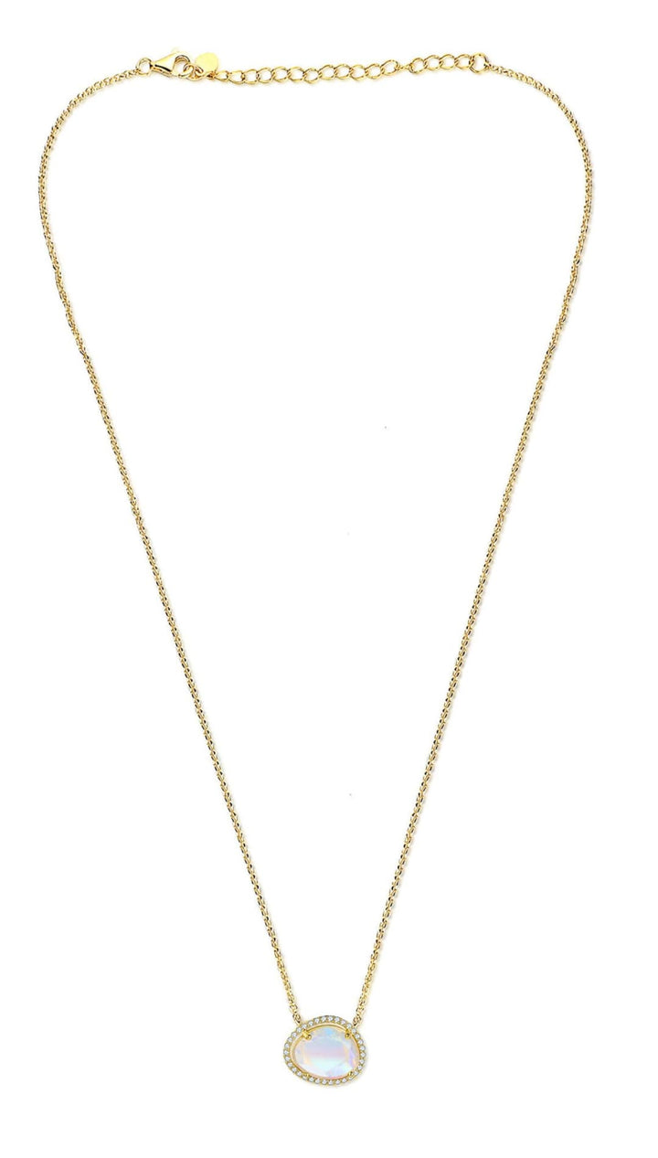 Gold necklace with iridescent pendant.