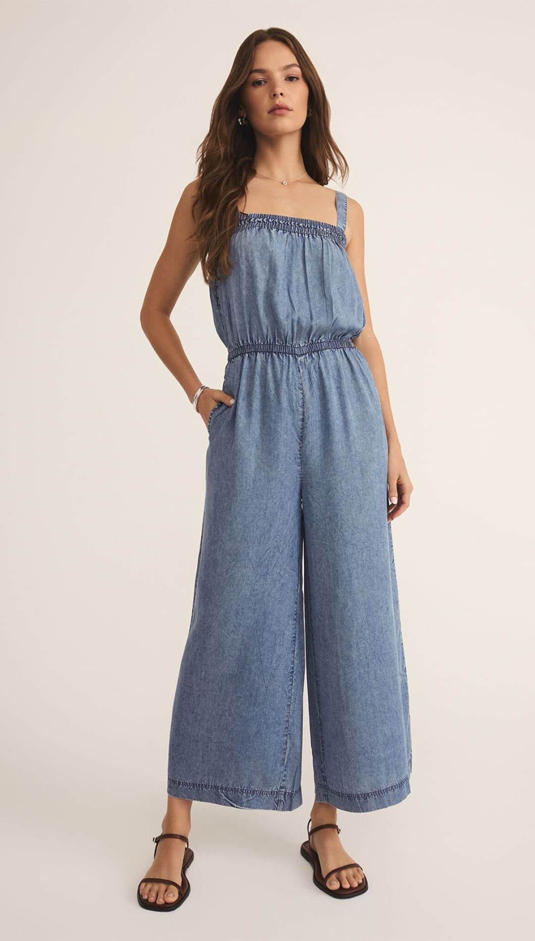 Denim wide-leg jumpsuit.