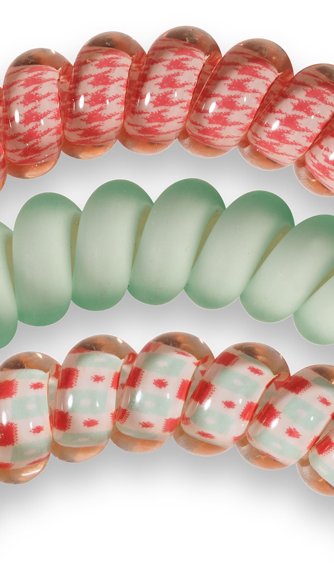 Pink and white striped bracelet with red polka dots, glass beads