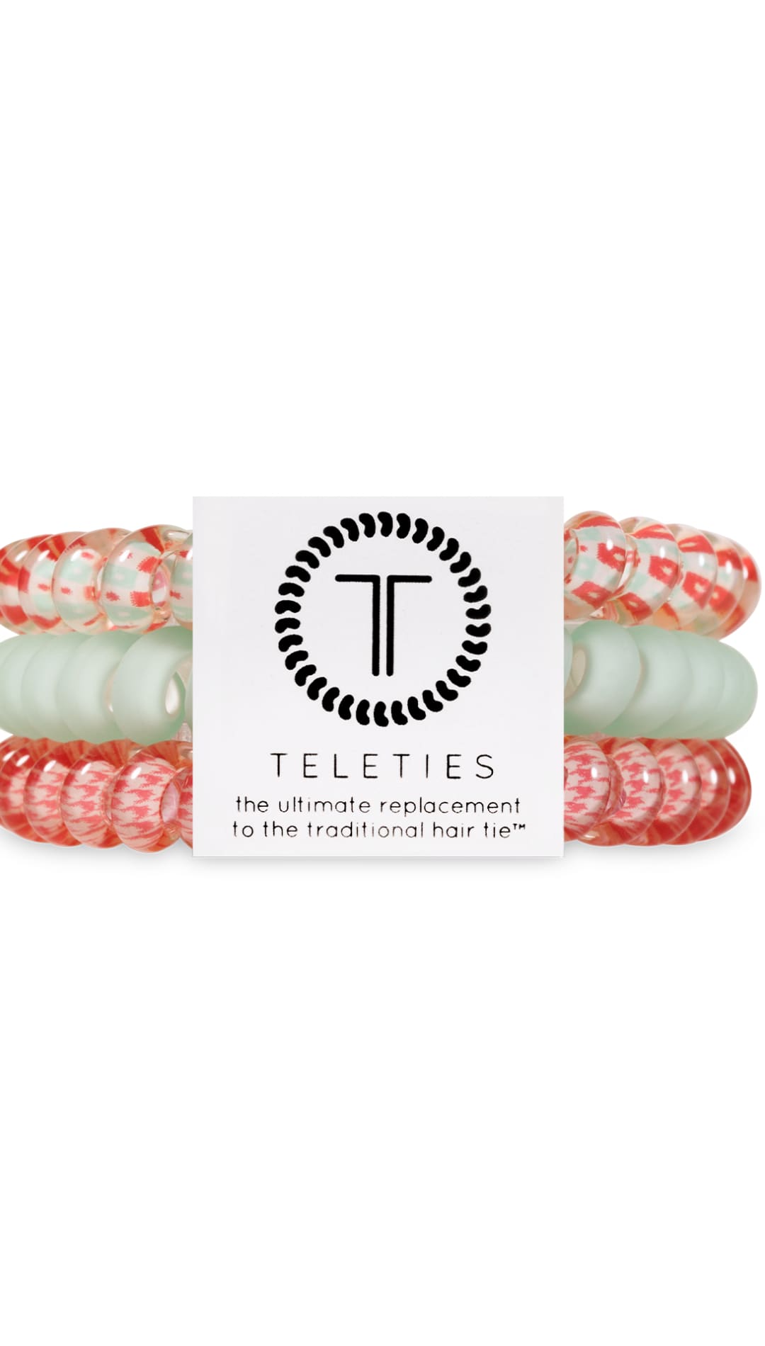 Coral and white braided hair ties with a circular logo featuring ’tt’ in the center.