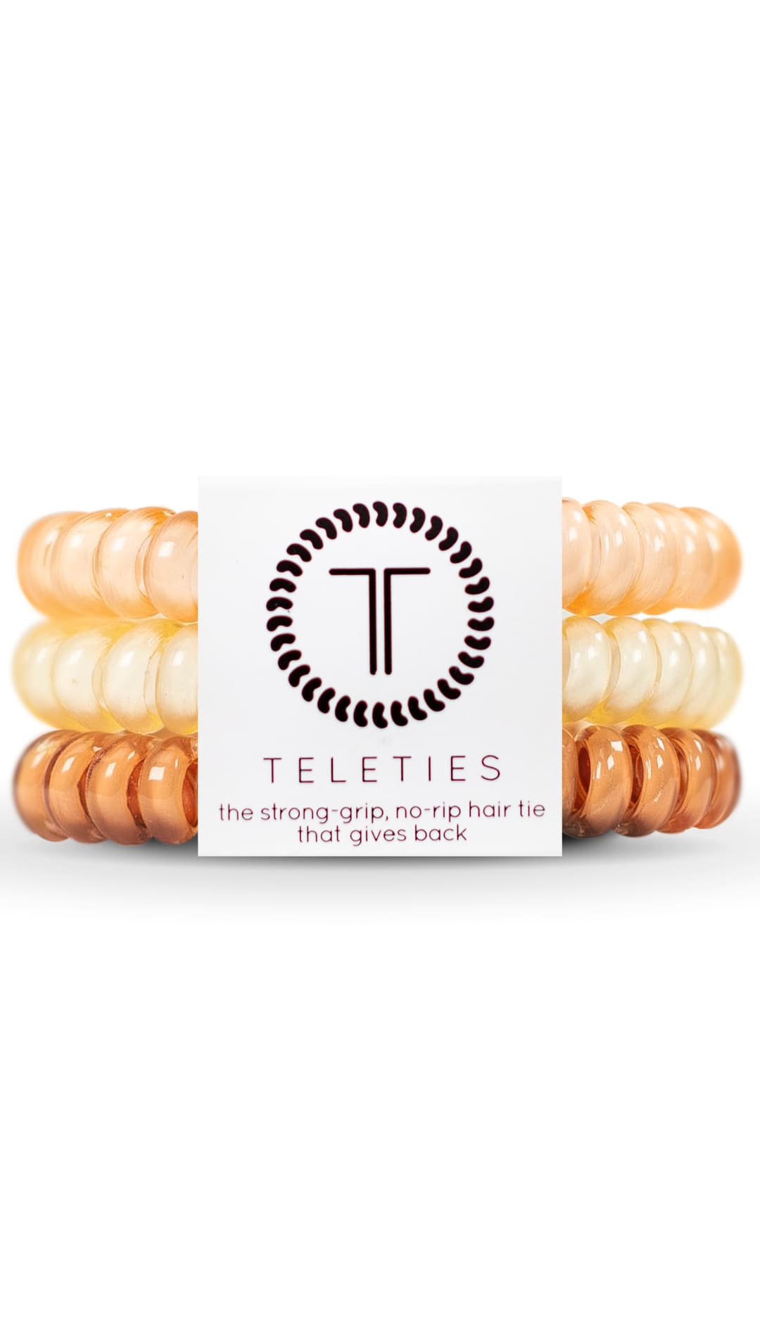 Orange and white spiral hair ties with a black logo.