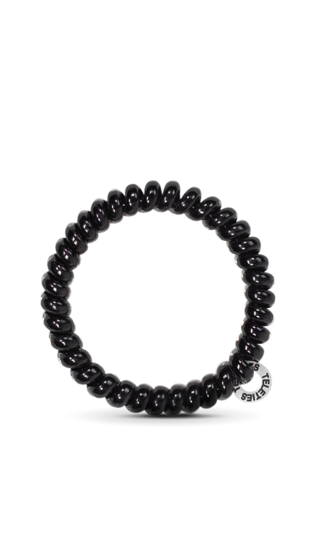 Black beaded bracelet with silver accents and a small logo.