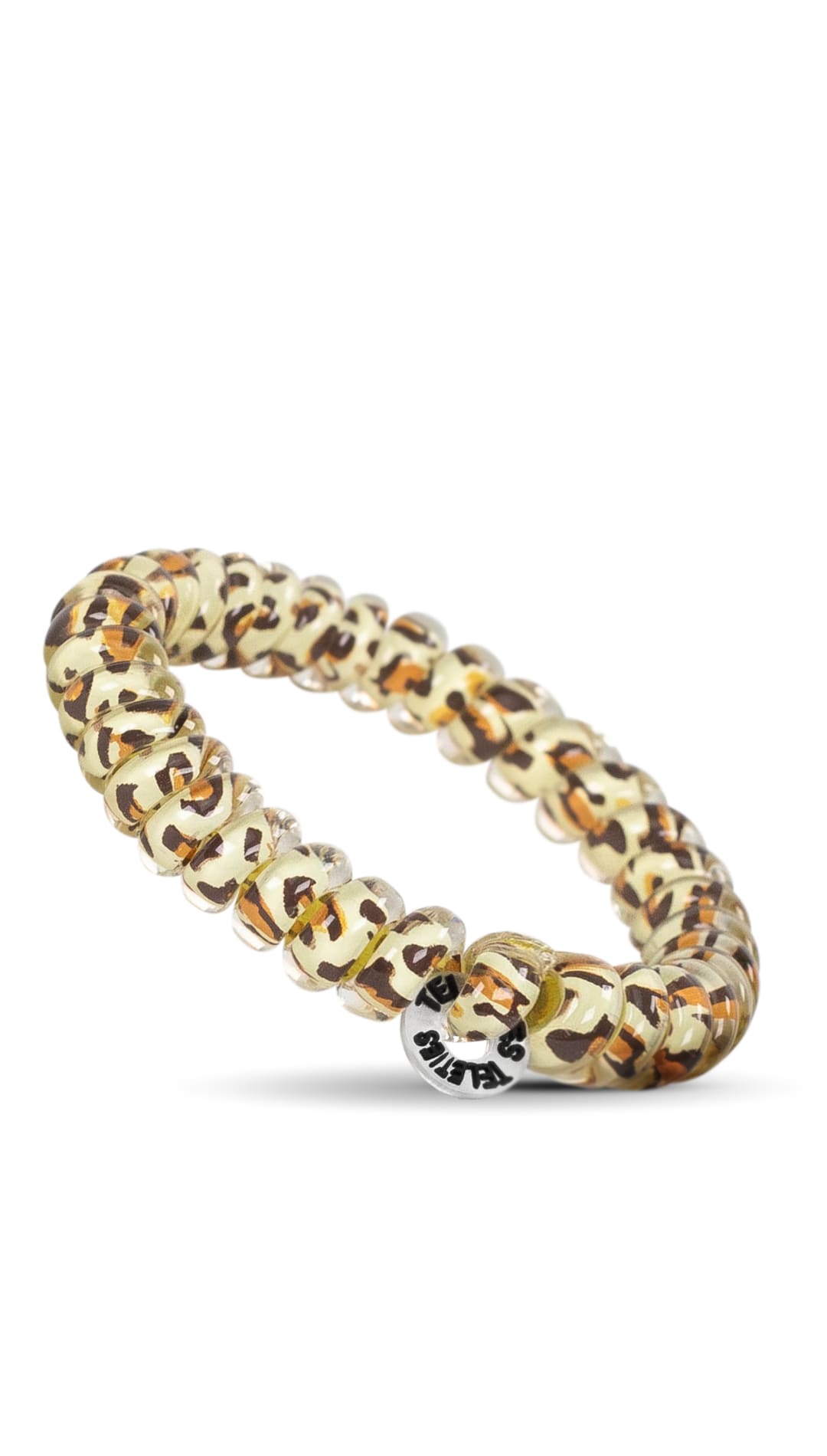 Leopard print beaded bracelet with gold accents and a silver clasp.