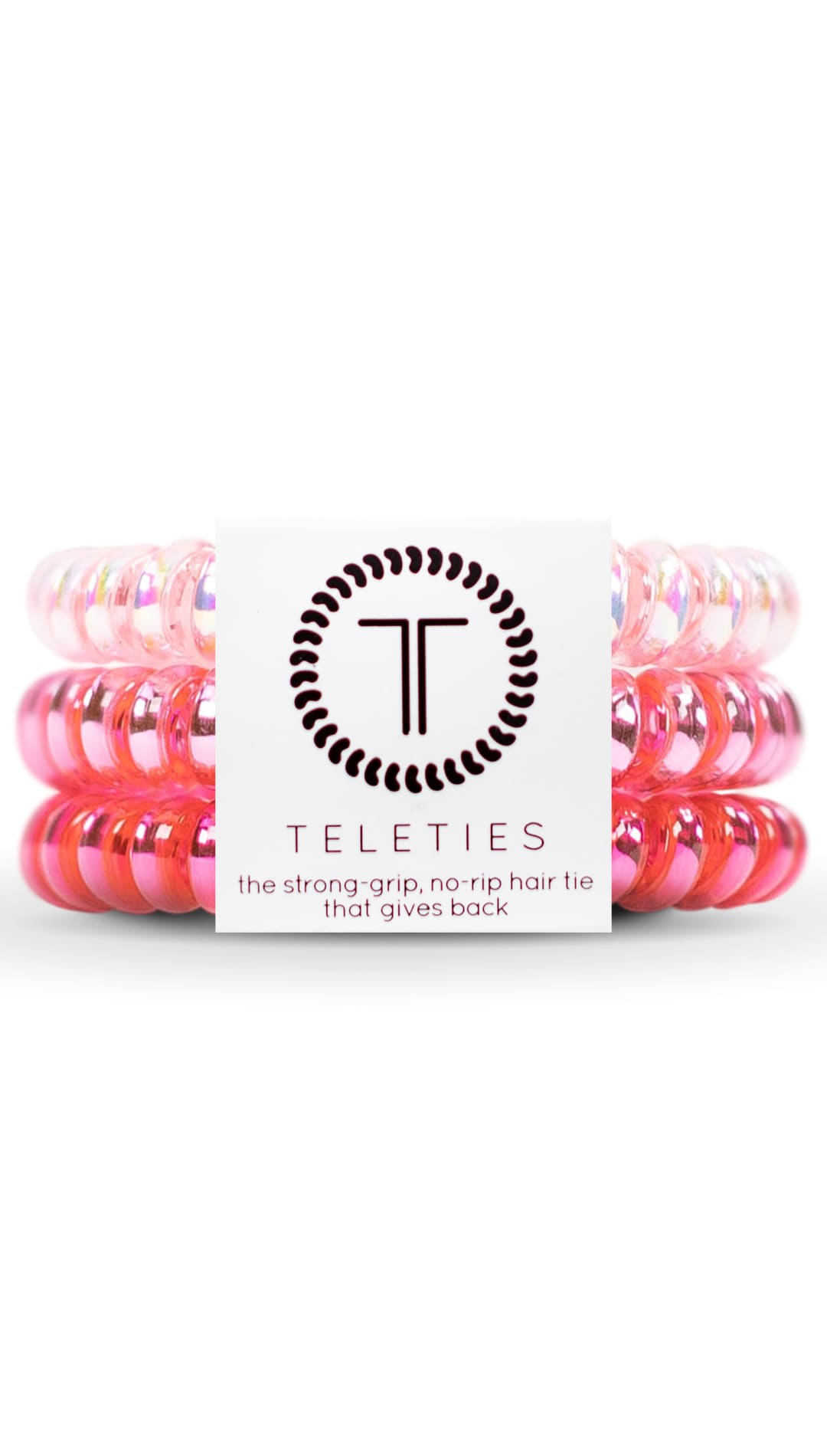 Pink and white spiral hair ties with a black logo.