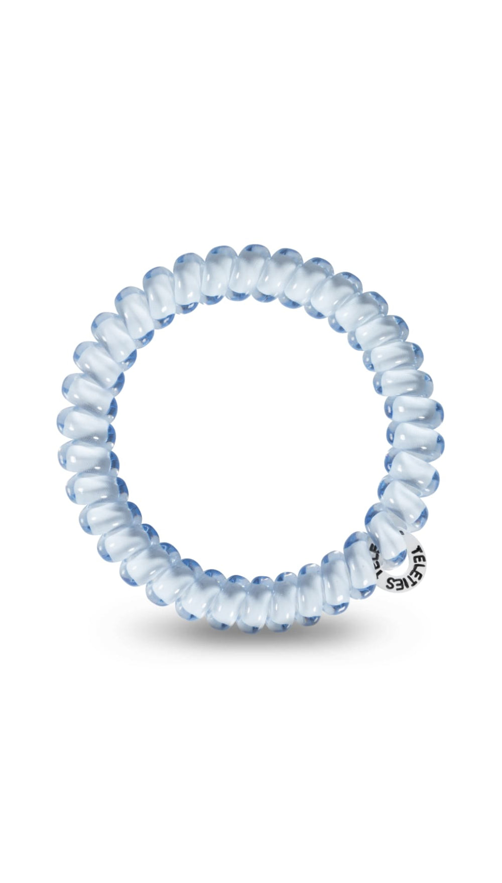 Silver spiral hair tie with a small logo on the side.