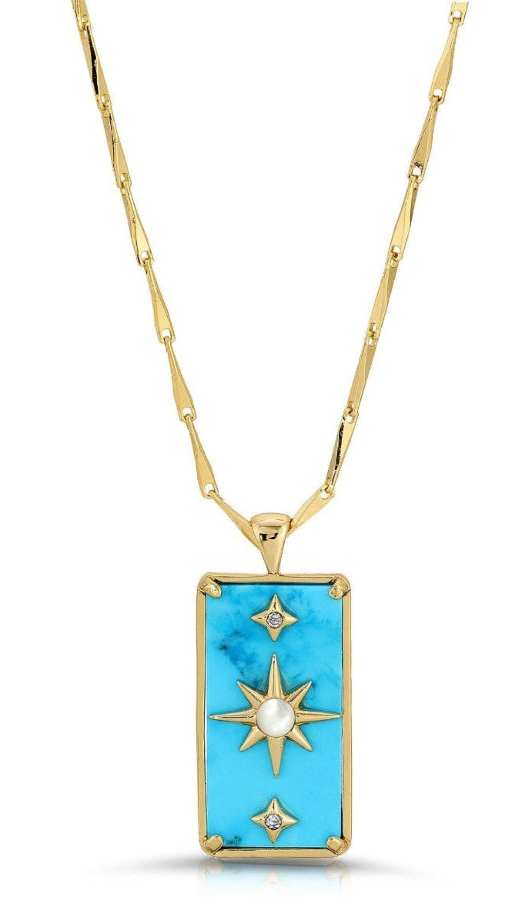 Gold necklace with turquoise pendant.