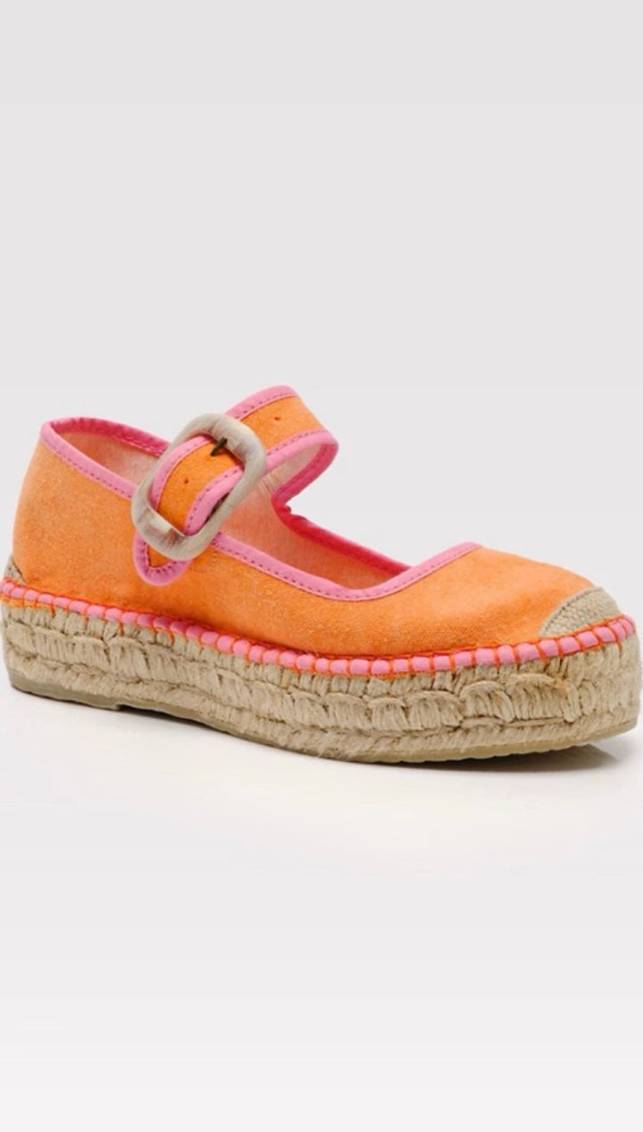 Orange espadrille Mary Jane shoe.