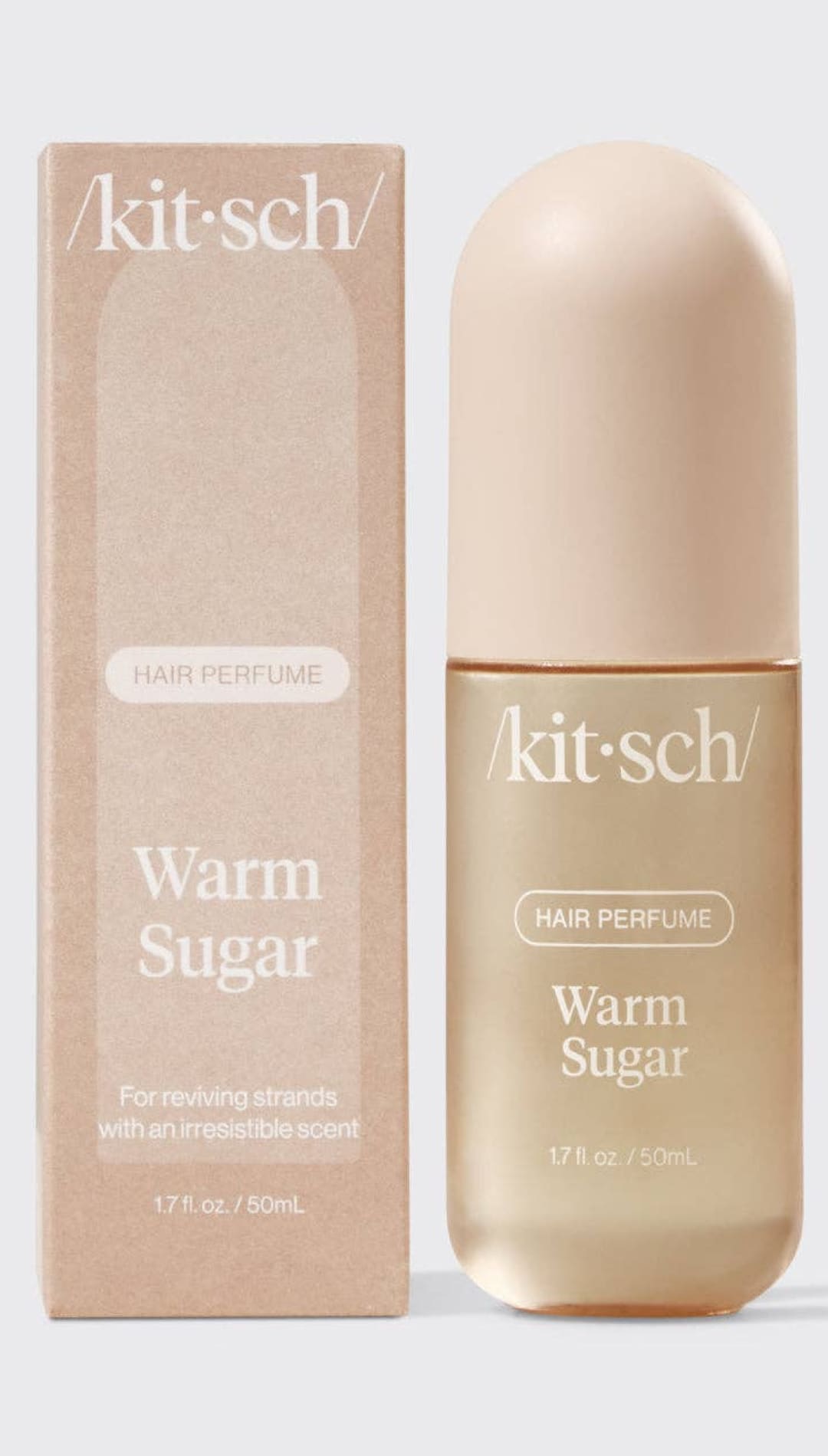 Beige and gold perfume bottle with ’warm sugar’ label, minimalist design.