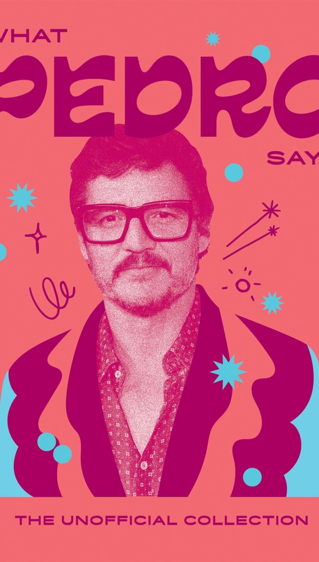 Pink retro-style pedro poster with glasses and mustache design.