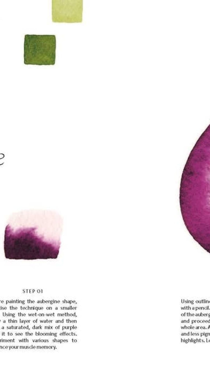 Aubergine-shaped watercolor painting with deep purple hues and green accents.