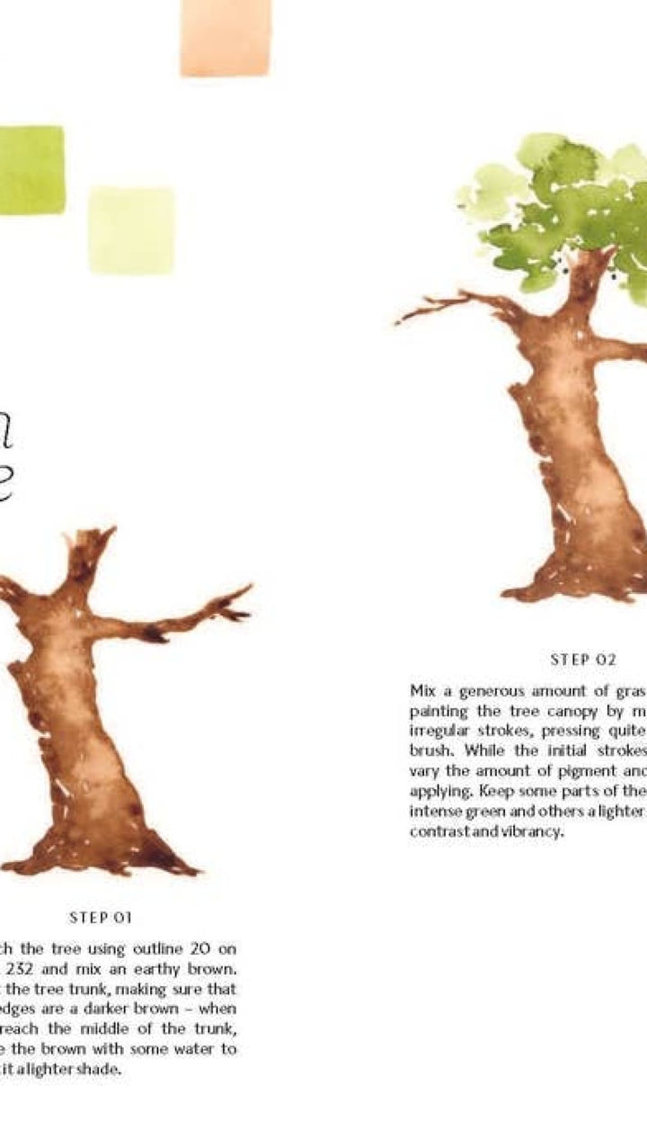 Green watercolor tree painting on paper with brown trunk and branches, simple design for beginners.