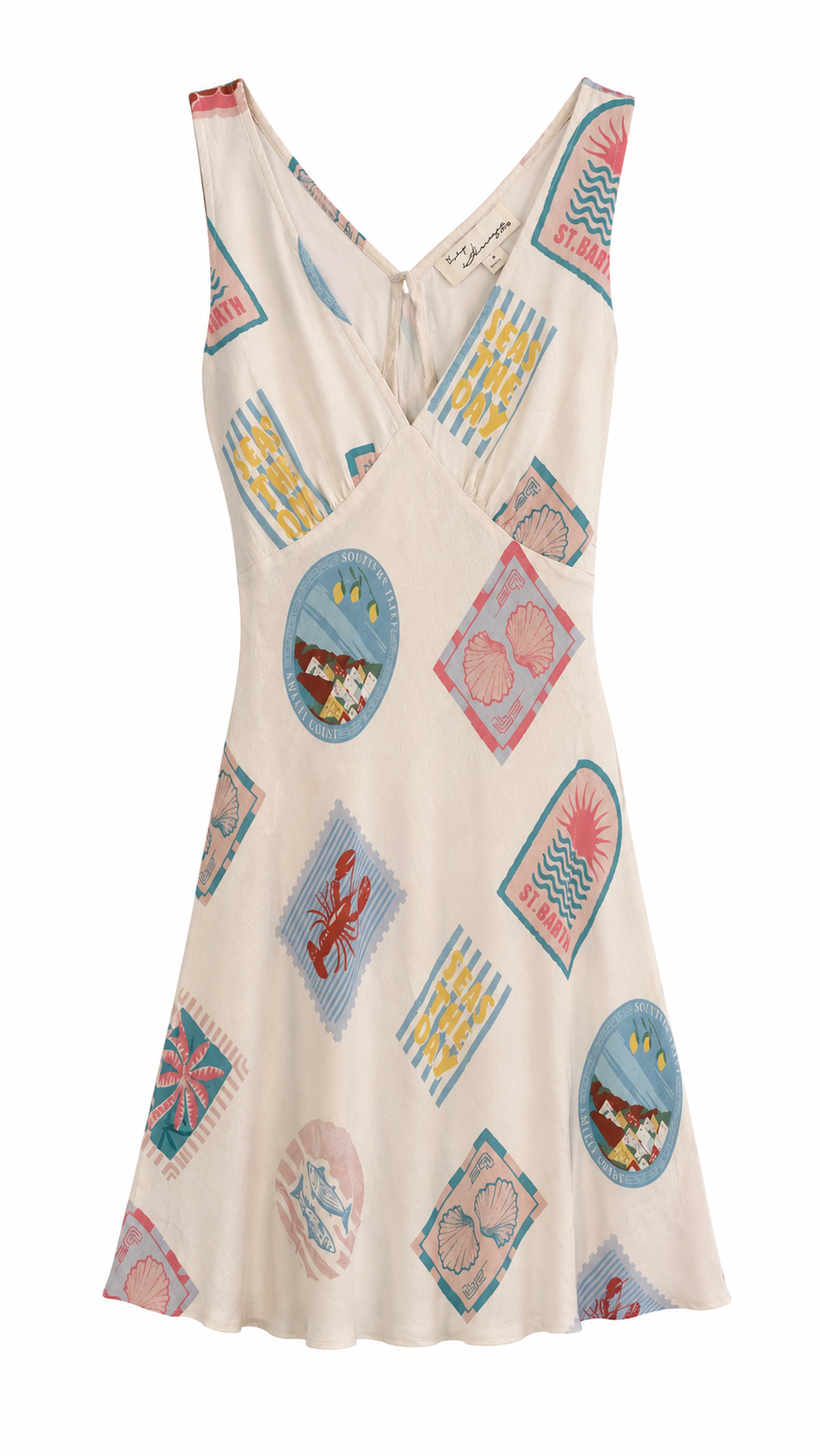 Beige dress with colorful graphic designs on a white background