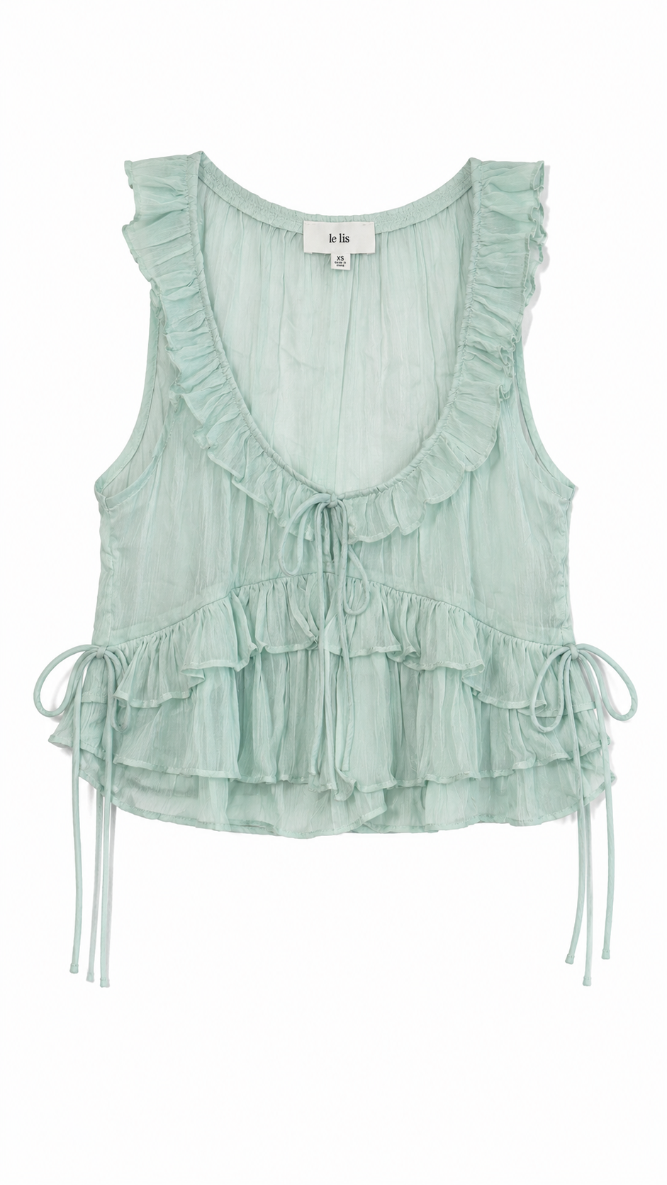 Light green ruffled top on a white background