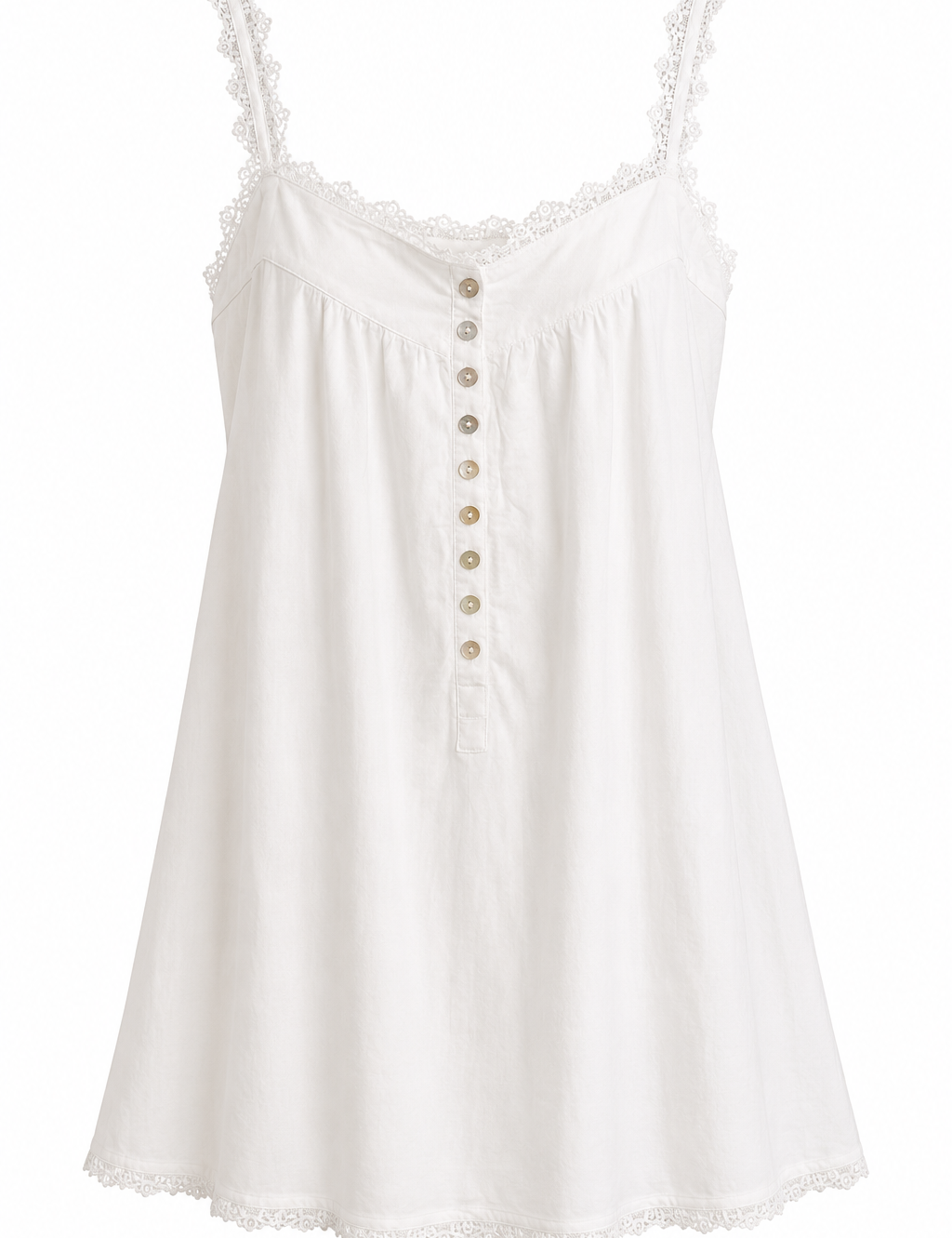 White sleeveless dress with button details on a white background
