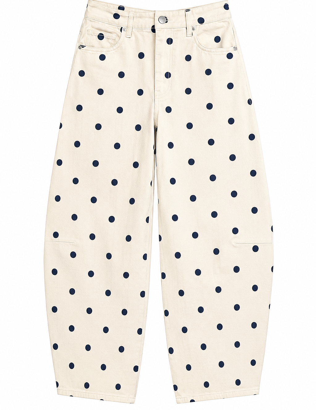 White pants with navy blue polka dots on a white background