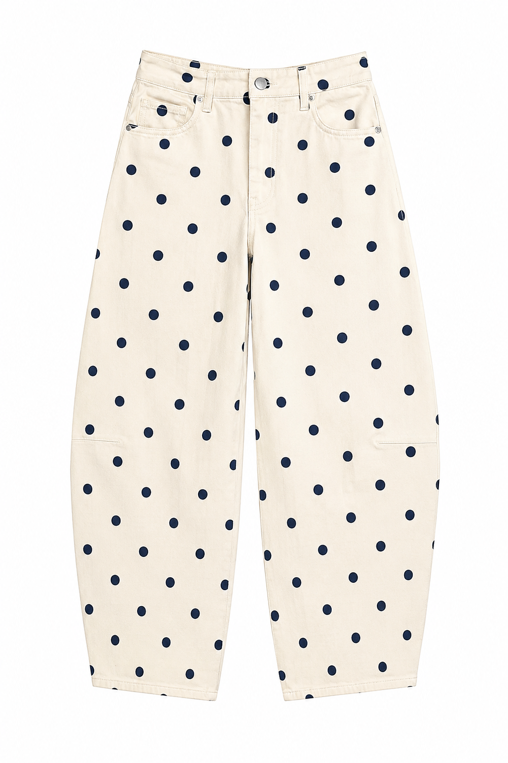 White pants with navy blue polka dots on a white background